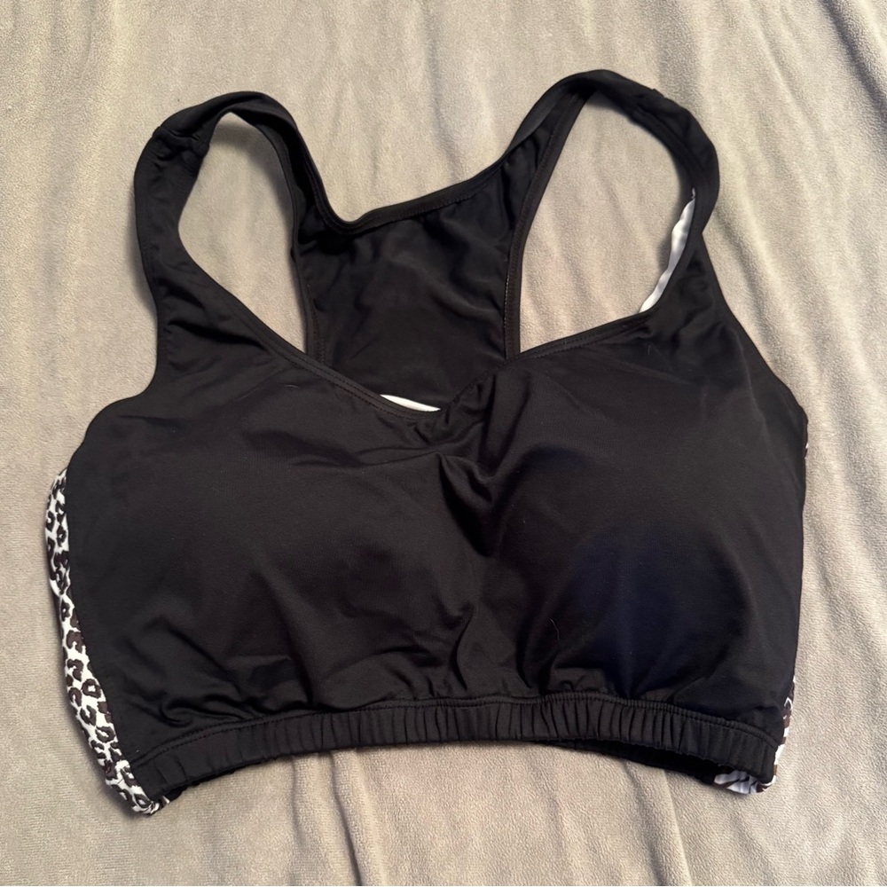 Black Sports Swim Top or Swim Bra with Animal print Accents XXL EUC